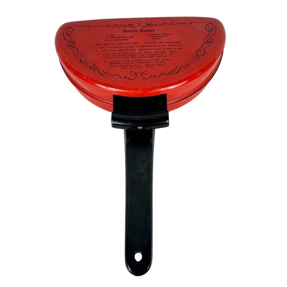Vintage Mirro Red Aluminum Folding Omelet Pan with Recipes Made in USA Retro
